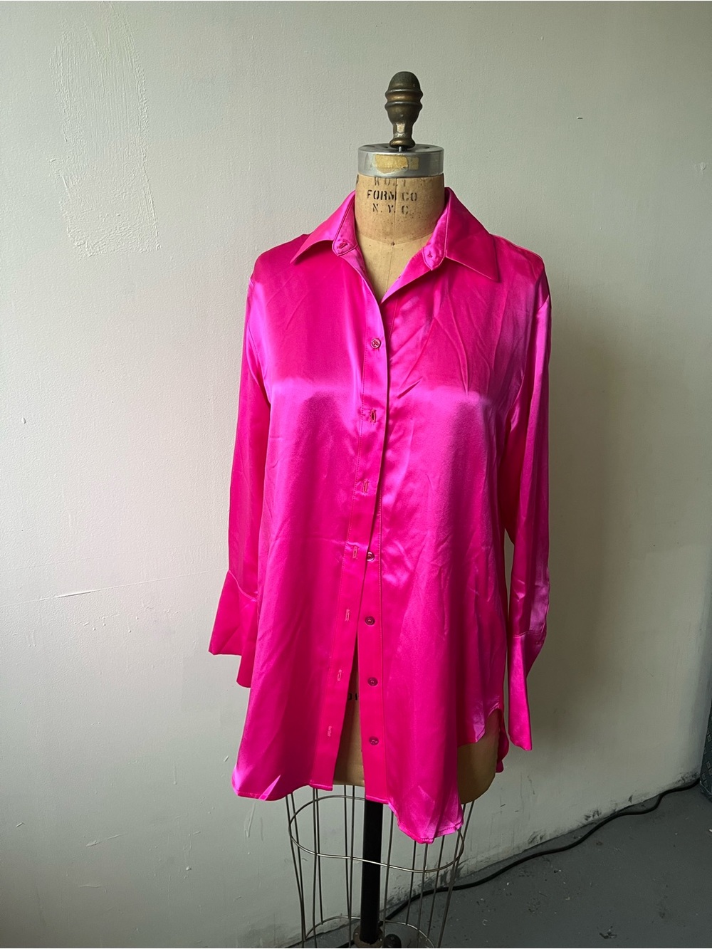 Bardo Collective Hot Pink 100% Silk Oversized Button Down Shirt Blouse XS